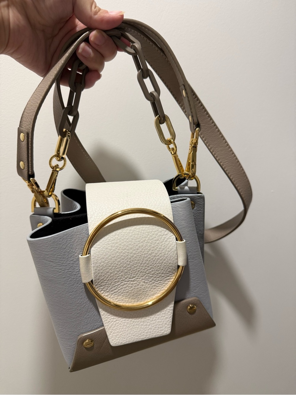 Yuzefi Mini Delila Bucket Bag Grey Cream Taupe Leather Gold Ring